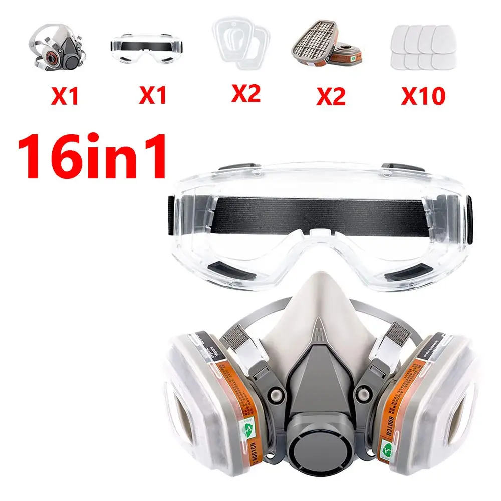 16-In-1 Gas Mask 6200 Set, Vehicle Painting Spray with Cartridge Box, Organic Acid Vapors Protection, Dustproof Mining Gear