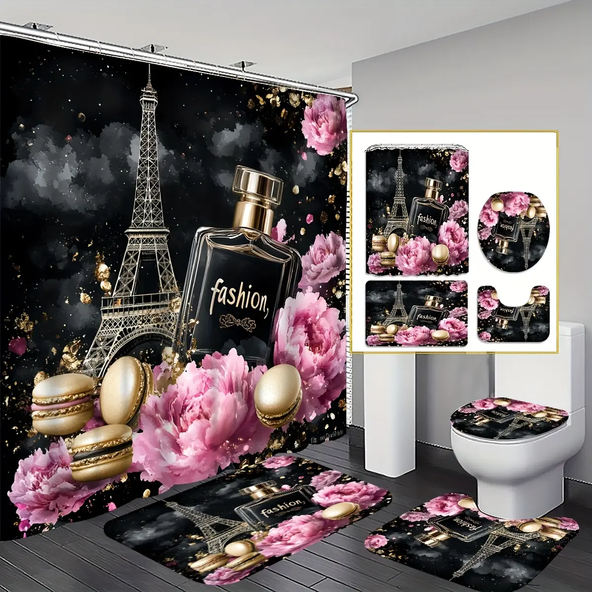 Paris Fashion Shower Curtain Set, 4-piece Set, Elysee Tower and Perfume Bathroom Decor, U-Fit, Toilet Cover, Chic French, Home Decor