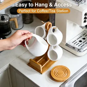 LDQ Ceramic Coffee Cup Set with Matching Coasters, Latte/Espresso Mug Kit + Spoon & Hook (for sugar/Hook to hang) - Elegant Plain Durable Mugs for Home, Office, Cafe Use - Ideal Coffee Gift Set for Cappuccino Lovers, Birthday & Holiday Presents