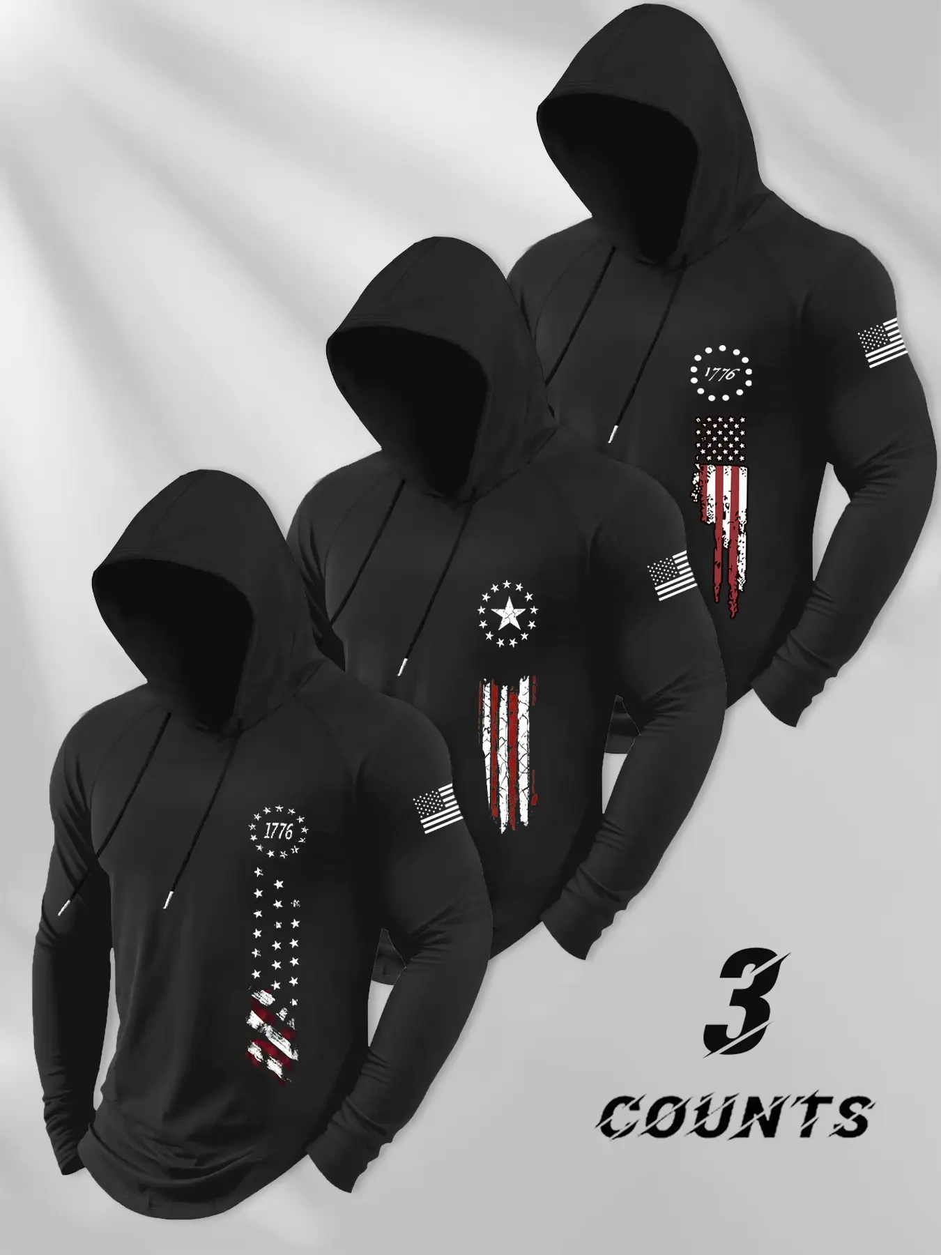 Men's 3-Pack Star-Spangled Graphic Print Hoodie Set, Slim Fit Long Sleeves, Breathable Stretch Fabric, Vintage Military Style, All-Season Casual Wear