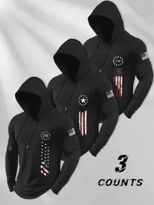 Men's 3-Pack Star-Spangled Hoodie Set, Slim Fit Long Sleeves, Breathable Stretch Fabric, Vintage Military Style, All-Season Casual Wear