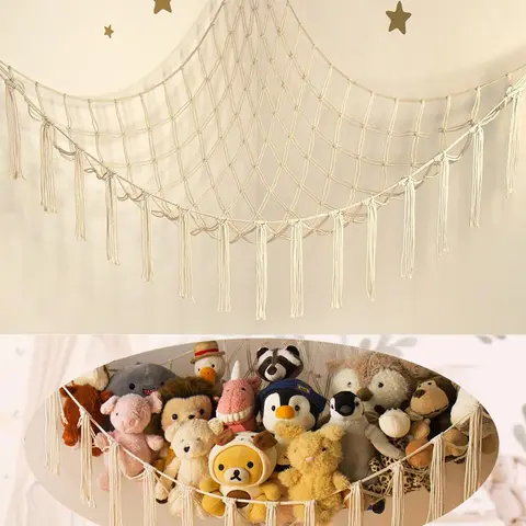 Large Corner Stuffed Animal Storage Hammock Net - Decorative Hanging Mesh Basket Organiser, Soft Plush Holder for Toy Organization, Kids' Nursery Bedroom Wall, Black/Pink/White Home Organizer Supply