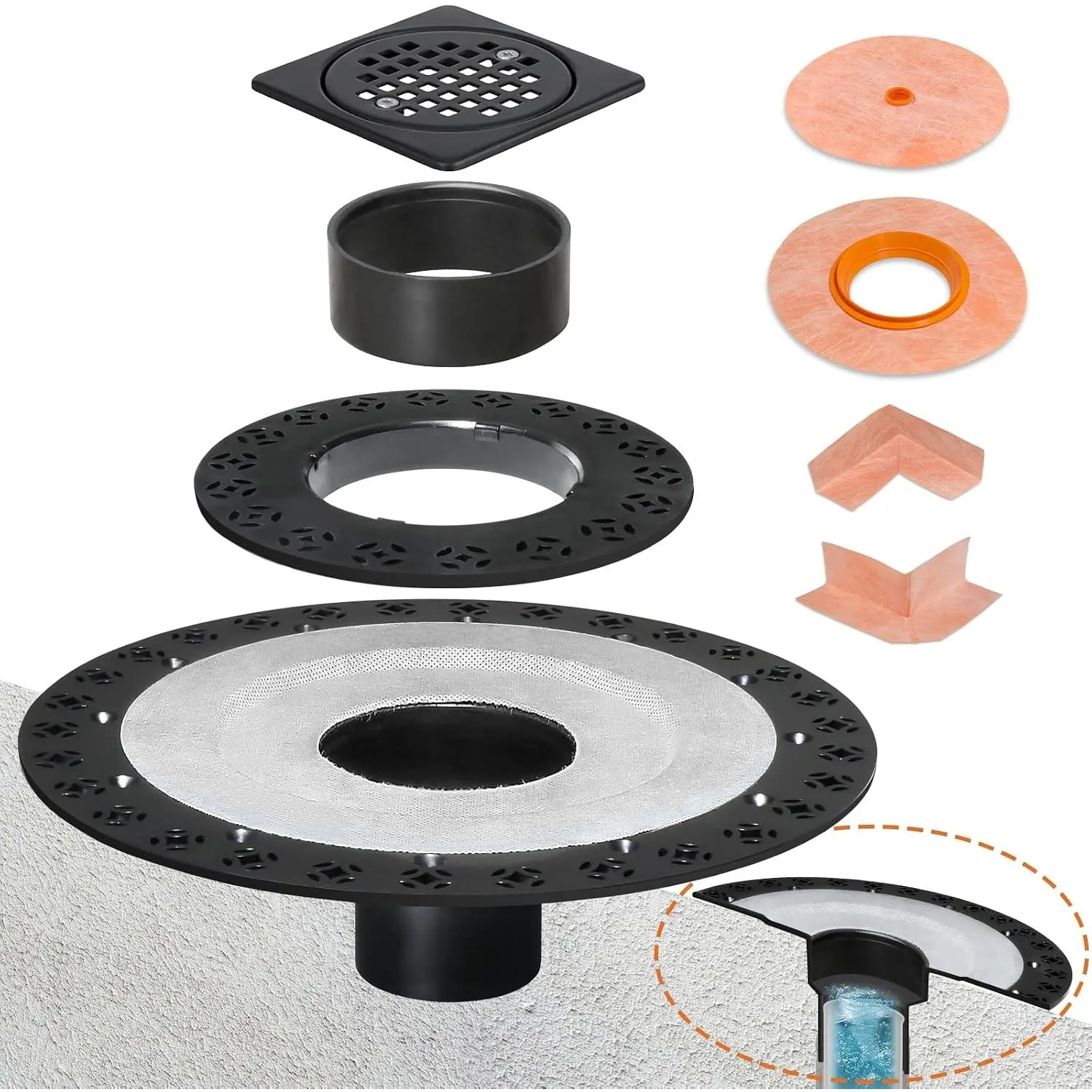 Shower Drain Kit 2 Inch Integrated Shower Flange Kit | Compatible with Schluter Systems Kerdi Drain, ABS Shower Drain Base Flange, 304 Stainless Steel, 4'' Drain Grate