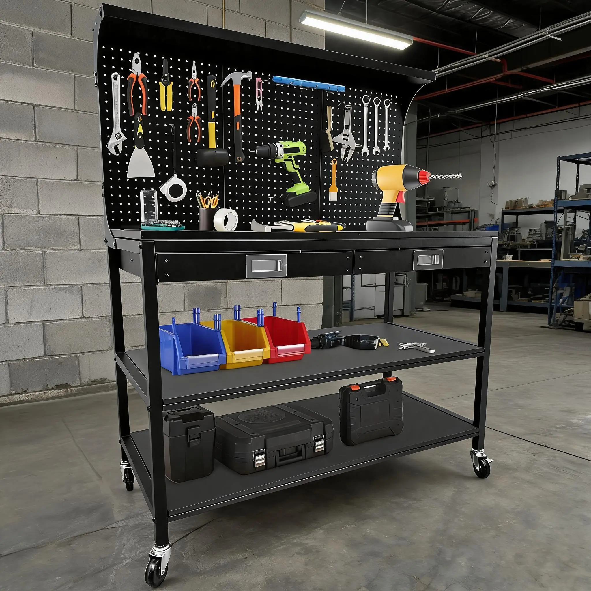 Heavy Duty 48" x 22" Rolling Garage Workbench – 3-Tier Metal Tool Storage, 2 Drawers, Pegboard, Wooden Top, 35 Hooks, Open Shelves – Mobile Multifunctional Work Table for Workshop, Office, Home