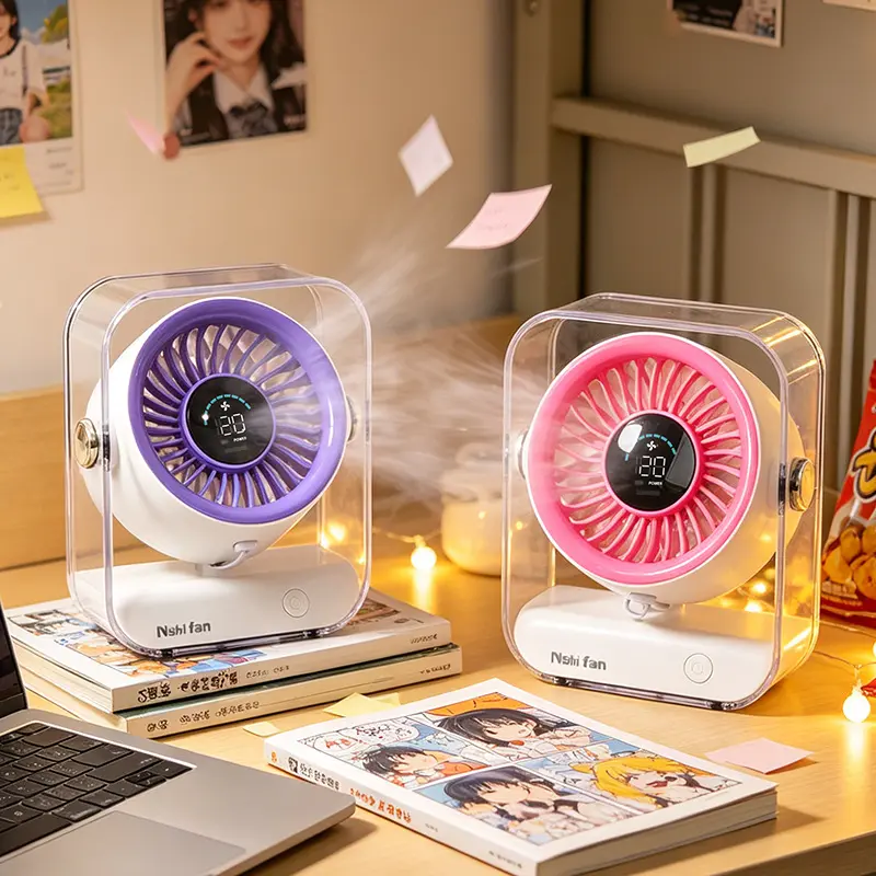 New model of small desktop floating cold air circulation fan for home and office with digital display, high-speed turbine, and silent operation