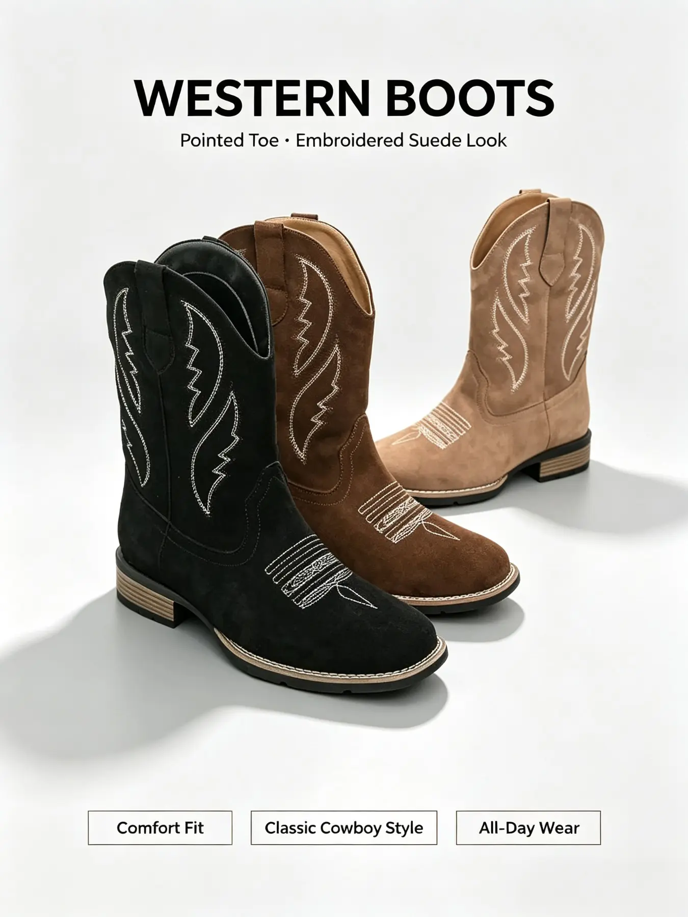 Men's Western Cowboy Boots, Classic Cowboy Boot, Embroidered PU Leather, High Top Chunky Heel, Fall & Winter Casual Style, Retro Design, Comfortable Fit