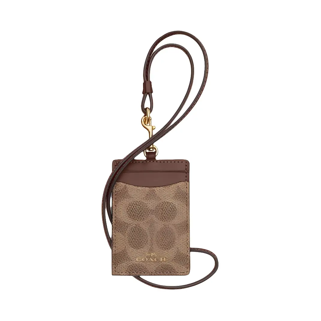 COACH Lanyard Cardholder for Women – Classic Logo Print Coated Canvas in Tan and Brown