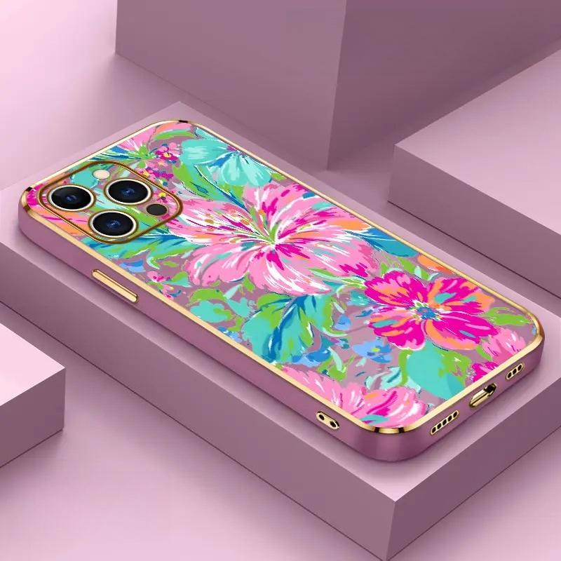 Electroplating Phone Case Floral Color Symphony Patterned Classic Square Design Non Slip TPU Soft Shell Cellphone Protective Casing for iPhone 17 Pro Max Air 16 15 14 Plus 13 12