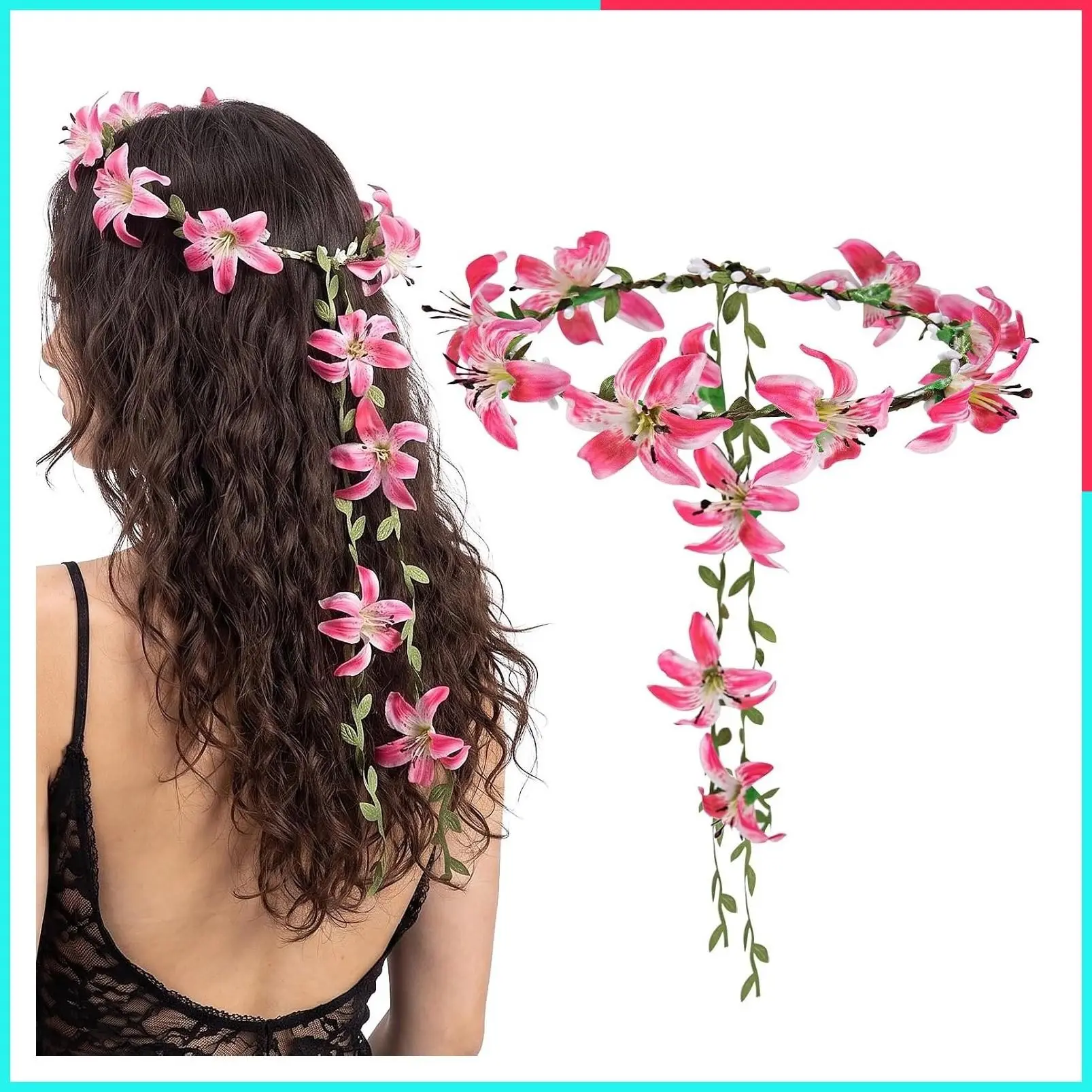 2-Pack Lily Flower Crown with Ribbon Tail, Boho Floral Headband – Tropical Hawaiian Hair Wreath for Women, Bridesmaids, Weddings, Luau Parties & Summer Festivals