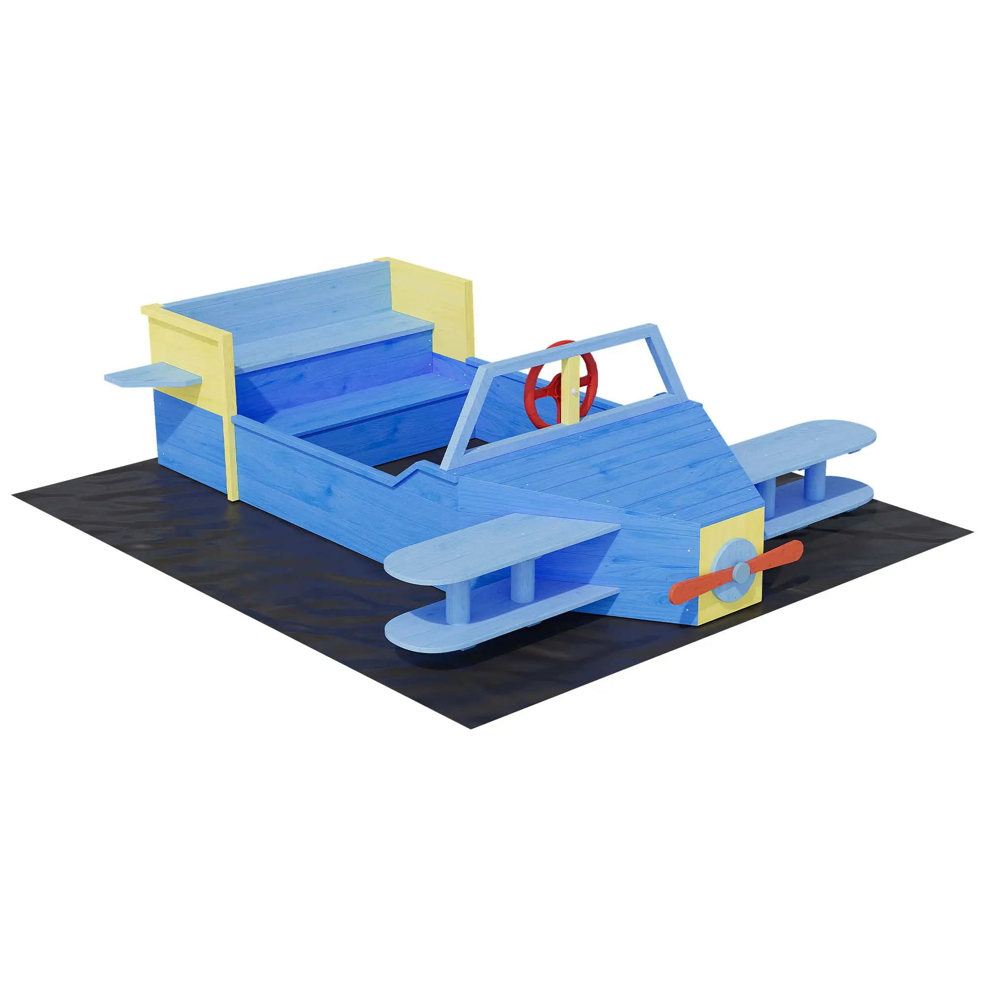 Unisex Wooden Airplane Sandbox - Outdoor Backyard Play Sandpit with Drainage Liner, Foldable Benches, Playful Design for Ages 4+