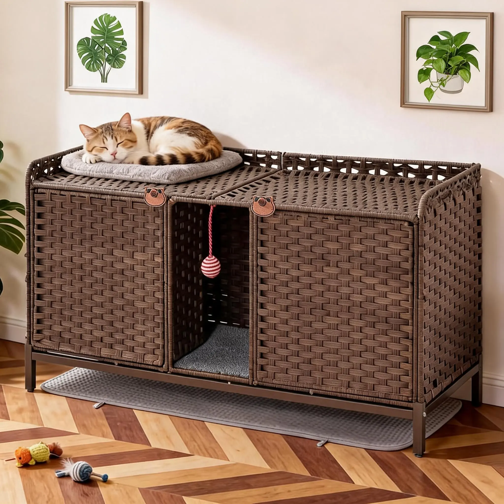 Handwoven Rattan Litter Box Cabinet – 47.2"×19.7"×24", Breathable & Odor-Control – Side Table/Bedside Stand for 2 Cat
