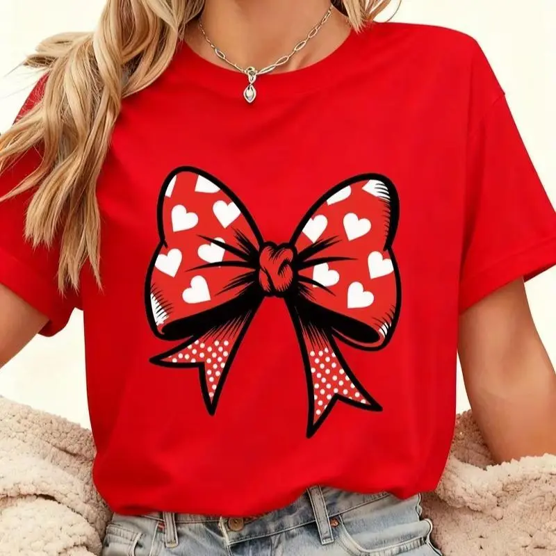 Red Heart Polka Dot Bow Graphic T-Shirt Cute Retro Bow Aesthetic Casual Women Short Sleeve Tee