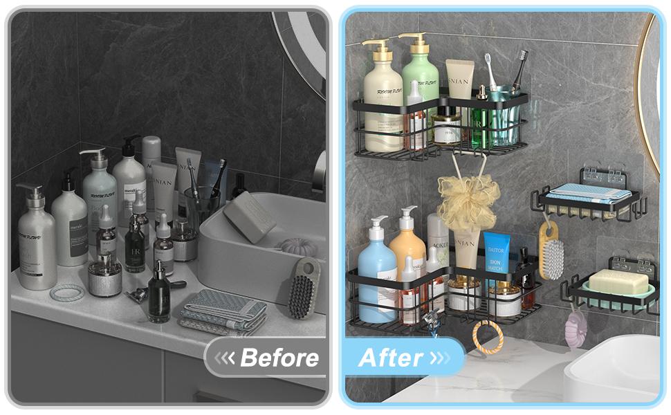 Corner Shower, 4-Pack Shower Shelves with Soap Holder No Drilling, Rustproof Shower Organizer, Black