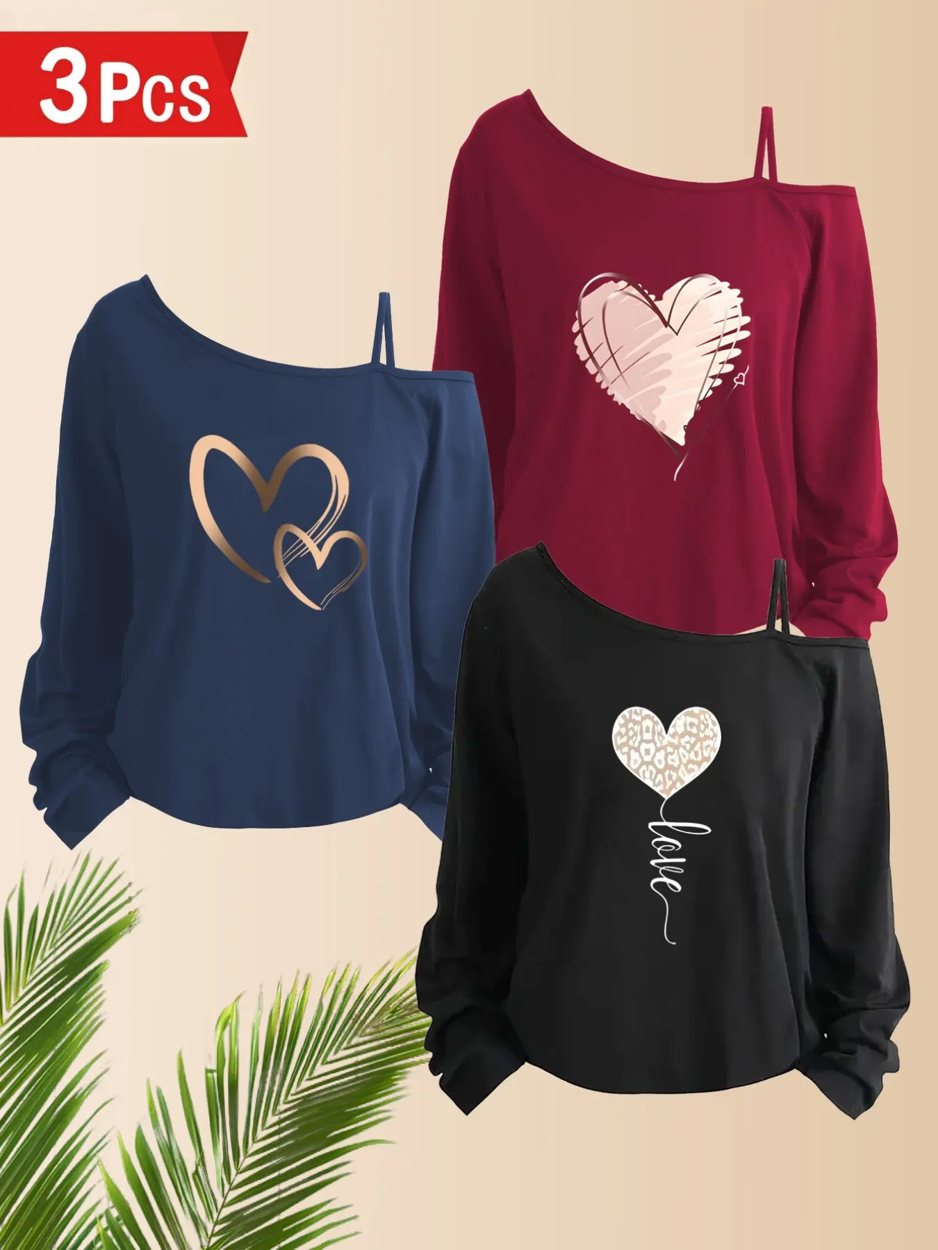 3pc Women's Casual Long Sleeve Top, Heart Print Asymmetrical Shoulder, Drop Shoulder, Breathable Stretch Fabric, Slim Fit