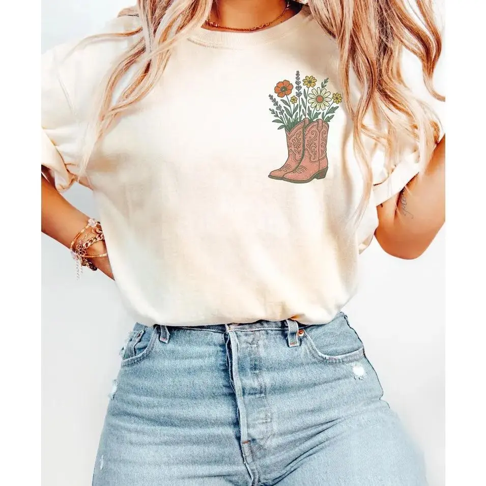 Cowgirl Boots Wildflowers Shirt, Retro Western Graphic Tee,  Country Girl T-Shirt, Rodeo Outfit, Gift for Her, Country Farm