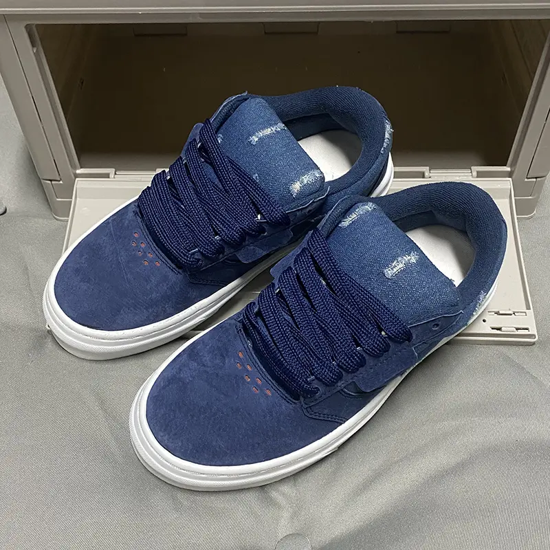 Navy Blue Distressed Suede Denim Patchwork Skate Sneakers Unisex, Thick Wide Navy Laces Vintage Street Low Top Platform Board Shoes