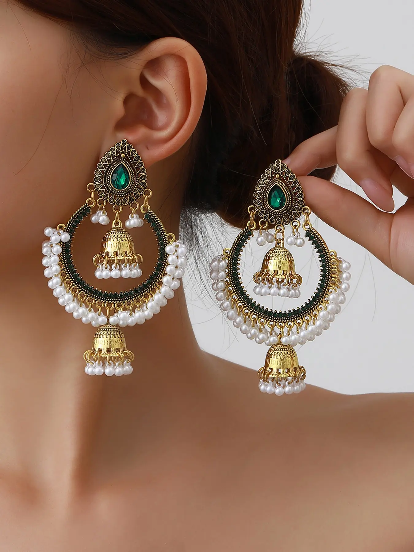 Vintage Gold Indian Jhumka Chandbali Earrings for Women, Ethnic Boho Crescent Hoop Pearl Tassel Bell Dangle Earrings, Bollywood Tribal Statement Green Gemstone Drop Earring Pack, Summer Music Festival Jewelry (5 Colors)