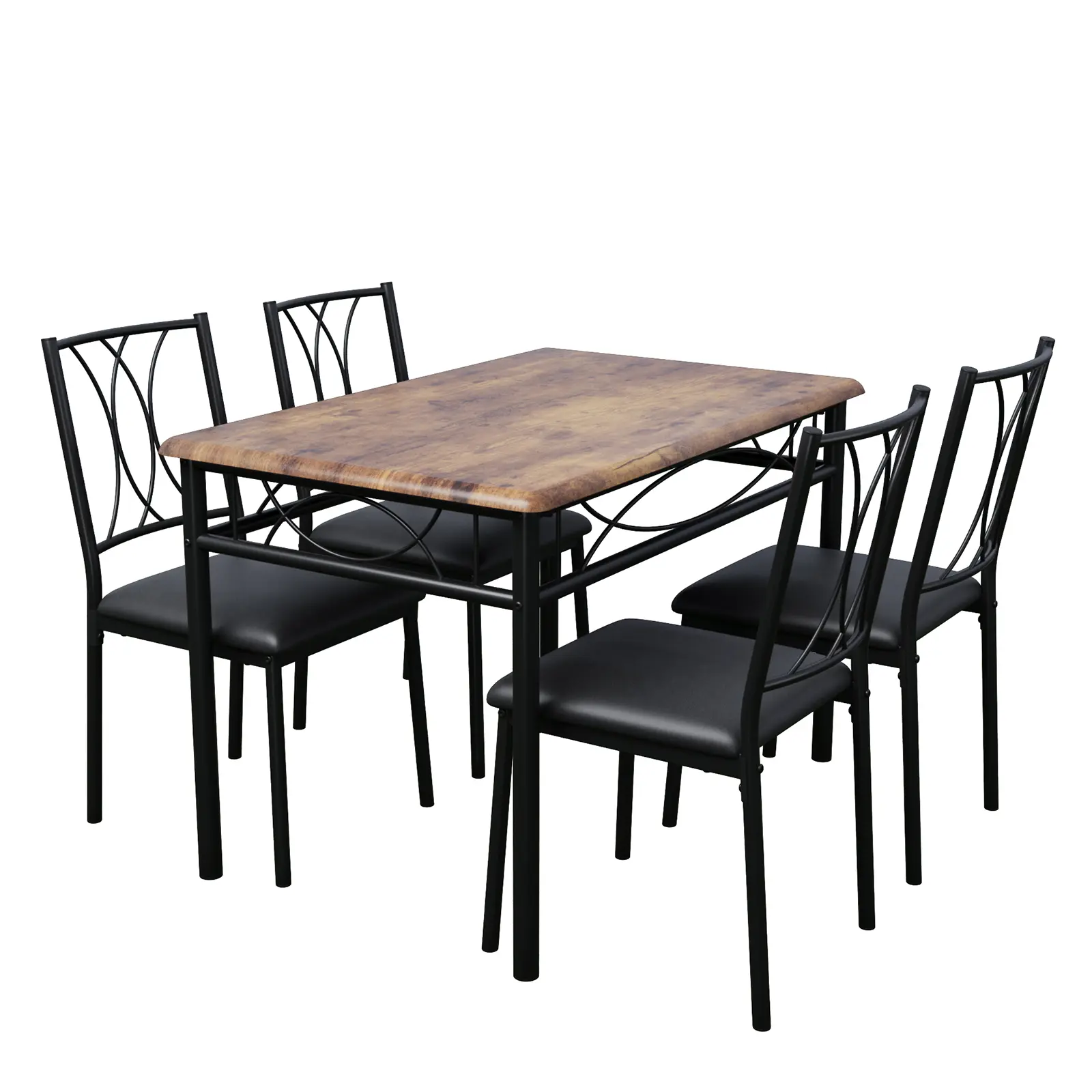 5-Piece Modern Dining Set Combo Kit - Rectangular Metal-Wood Kitchen Table with 4 Upholstered Sliding Chairs - Space-Saving Small Apartment Indoor Furniture, Rustic Gray Brown Finish