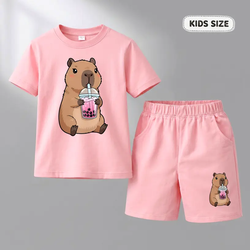 Girls’ Cute Capybara Graphic Short Sleeve T-Shirt and Shorts Set, Casual Summer Two Piece Outfit with Crew Neck Top and Comfortable Shorts for School, Travel, Daily Wear and Outdoor Activities