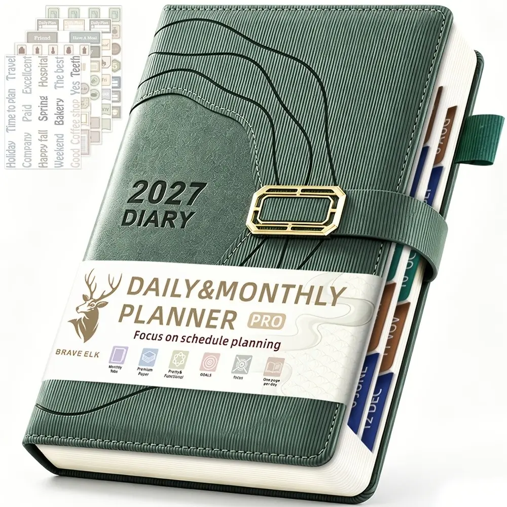 2027 Annual Ring Planner Binder Set, includes 1 planner and 5 planning stickers, featuring habit tracking, monthly planning and daily time management pages to support time management, self-discipline and productivity planning, ideal for students, professi