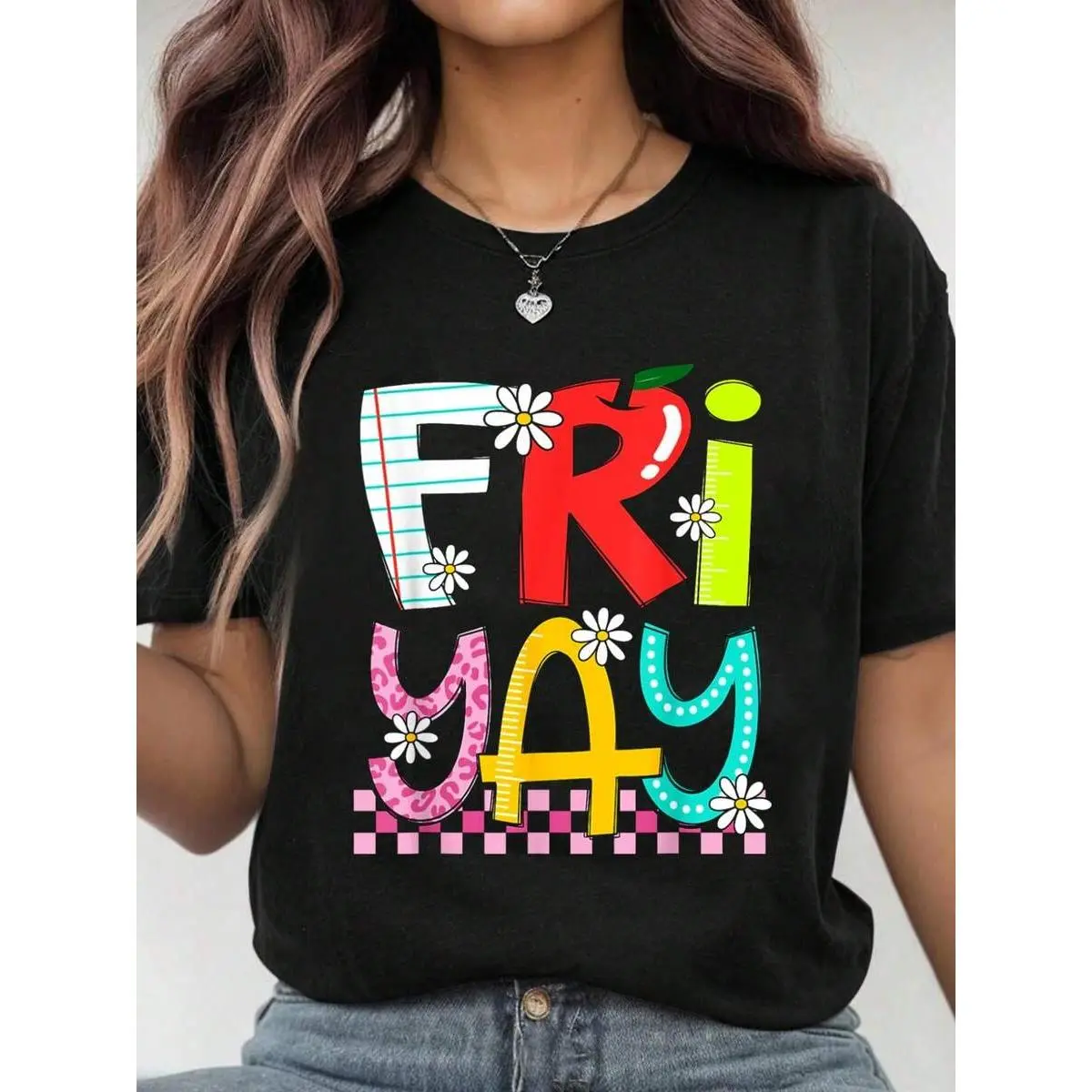 100% cotton t-shirt with a cute print for Friday, suitable for Teacher's Day, weekend wear, back-to-school season needs, loose short-sleeved shirt, unisex, comfortable and breathable, casual shirt.