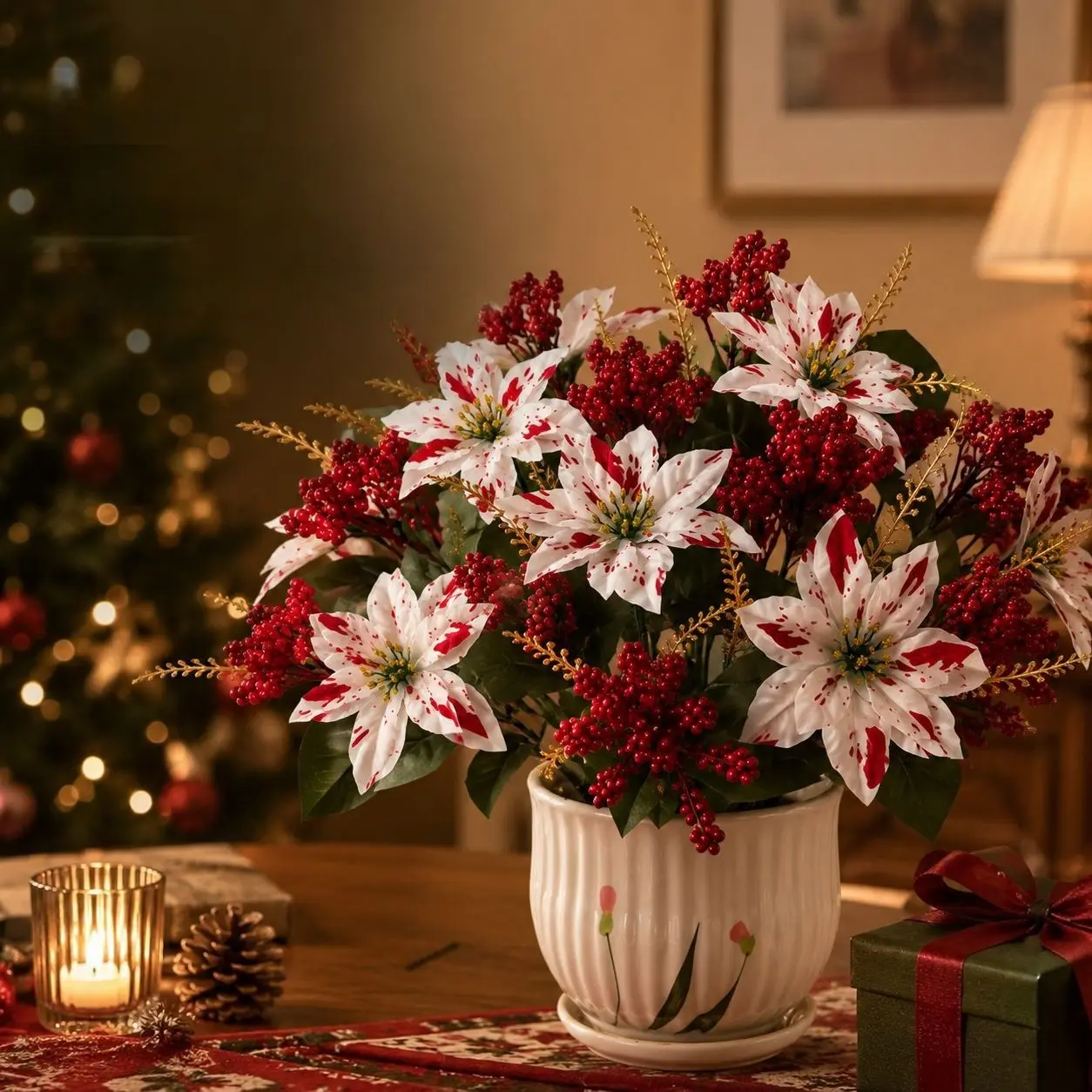 2 Piece Christmas Poinsettia Artificial Flower Bouquet, UV Protection, Customizable Decor, Perfect for Holidays and Events