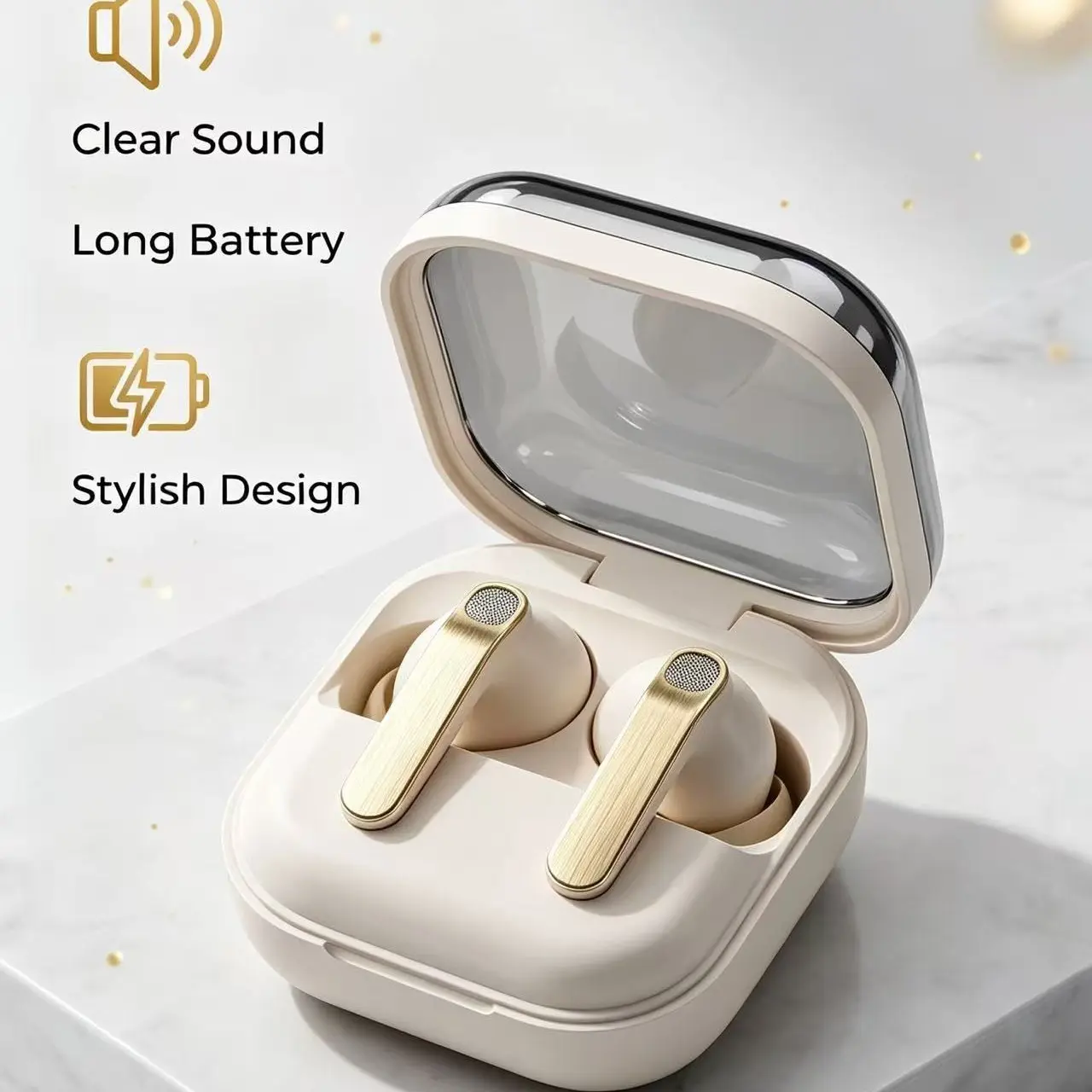 Bluetooth-compatible 5.4 Wireless Earbuds, Premium Metallic Accent, Lossless HiFi Stereo Audio, Noise Isolating, Clear View Charging Case