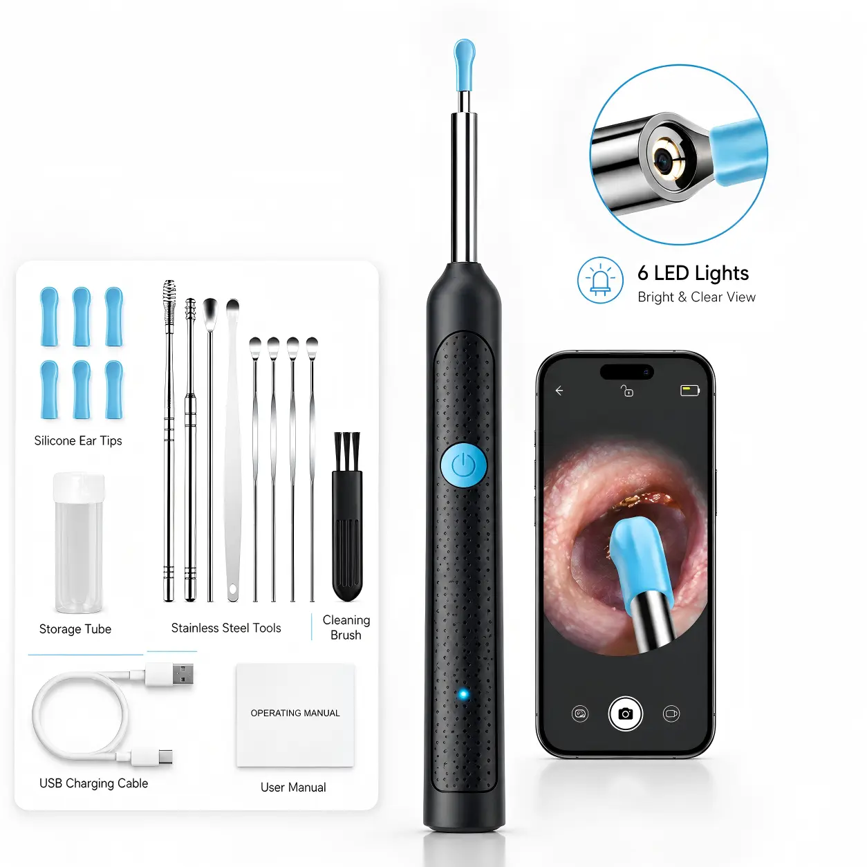 Ear Pick with Camera Earwax Remover Tool Set 8 Pcs Ear Cleaner Kit Waterproof Endoscope Precision Eardrum Care Wireless Visual Earpick Device Android iOS Compatible Ear Care Smart System Round Handle Version