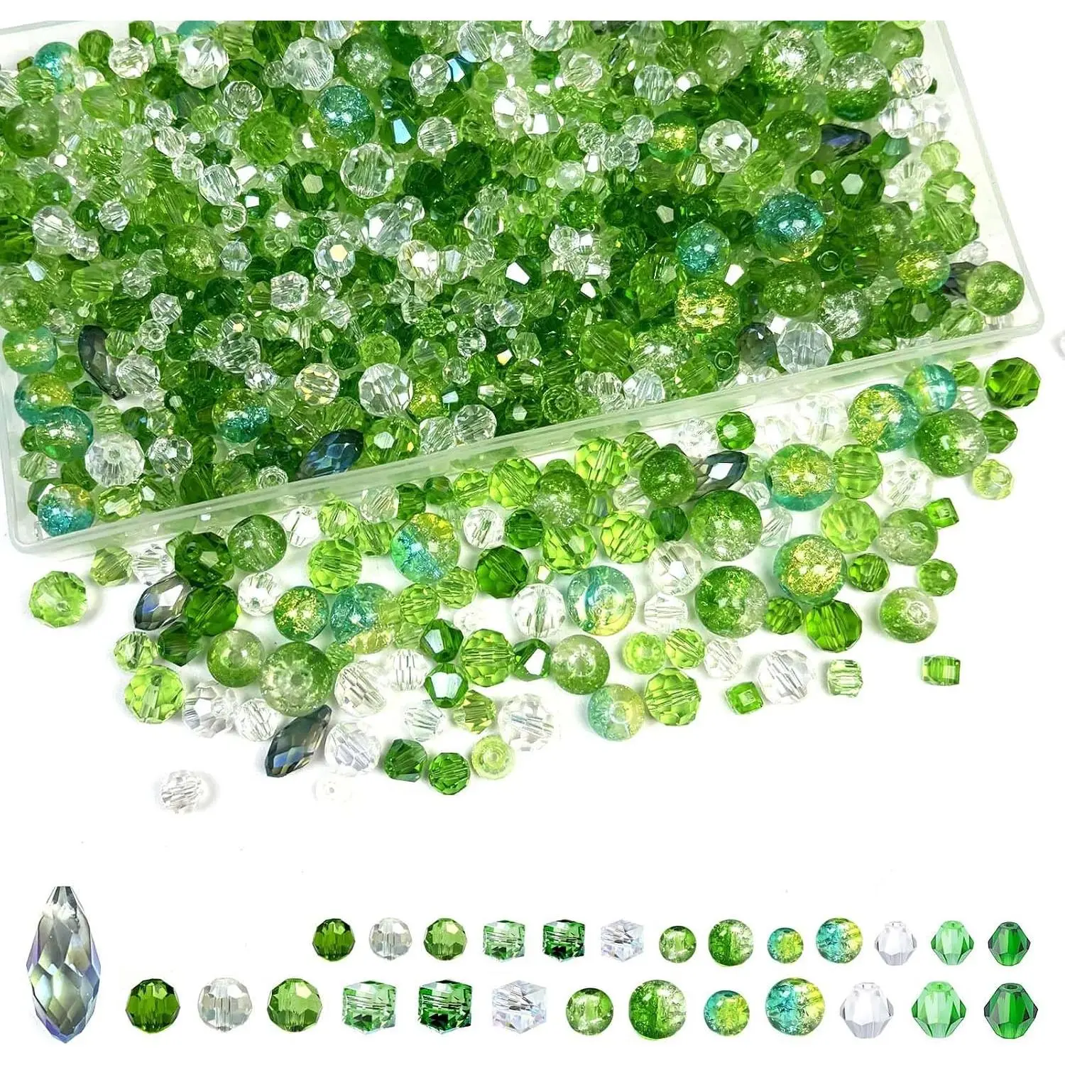 1000 count Green Beads, Glass  Beads for  Making,  Styles Craft  Beads (Teardrop, Bicone, Rondelle, Square, Crackle Round) for Bracelet Necklace Earring, Bead Kit with 1 Box