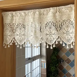 1PC Handcrafted Beige Valance with Crochet Lace & Tassels - Rod Pocket Cafe Drapery for Kitchen, Living Room, Bedroom - Lightweight Voile Home Decor