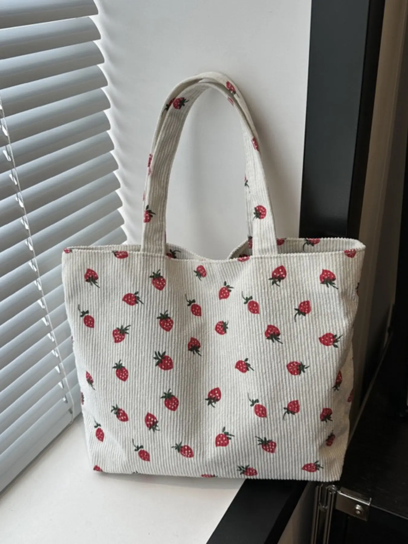 Strawberry Print Handbag Cute Style Shoulder Bag for Women, Fashionable Corduroy Multi-Functional Tote for School and Daily Use