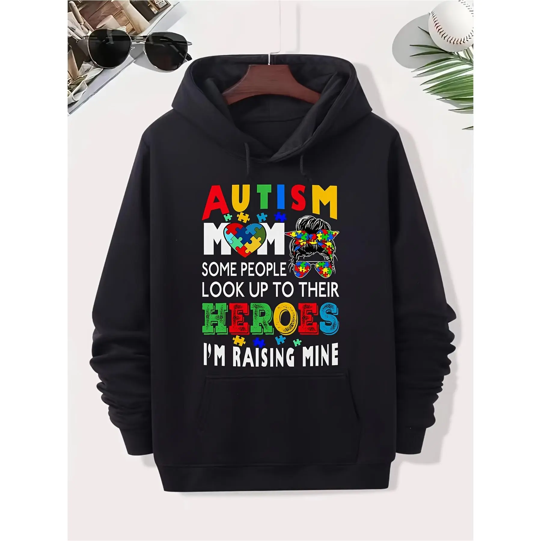Women's Autism Awareness Pullover Hoodie for Moms, Puzzle Piece & Flat Print Colorful Graphics, Cotton Blend Streetwear with Kangaroo Pocket, Relaxed Fit Machine Washable Casual Sweatshirt