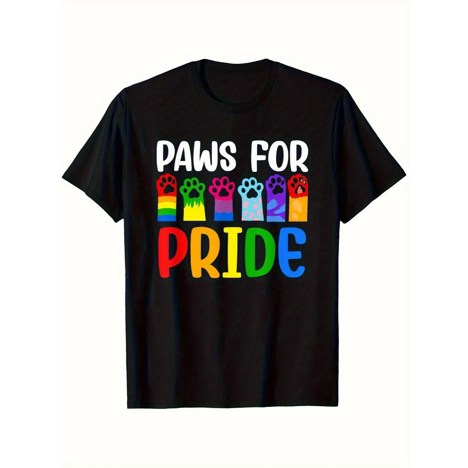 [100% Cotton] 100% Cotton Men'S Pride Rainbow Paw Print T-Shirt - LGBTQ+ Support Graphic Tee with "PAWS for PRIDE" Slogan, Black & White Casual Round Neck Shirt for Casual Attire & Pride Events, Men Graphic Tee, Men Graphic T Shirt, Graphic T Shirt Men,
