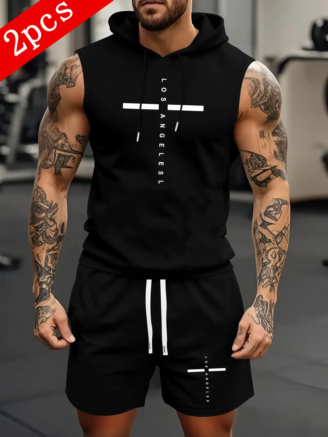 Men's Los Angeles Cross Letter Print Sleeveless Hoodie & Shorts 2 Piece Gym Casual Tracksuit