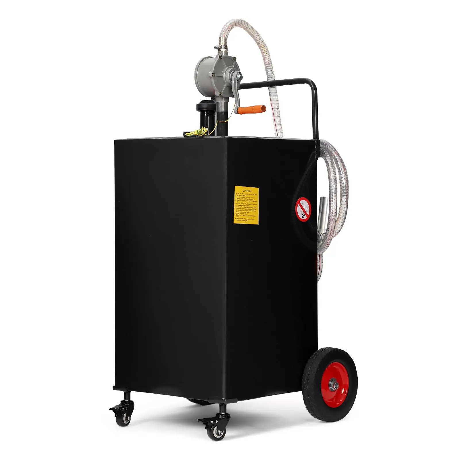 Portable 50 Gallon Fuel Caddy Tank with Manual 2-Way Rotary Hand Pump, Heavy Duty Coated Steel Mobile Gas Transfer Cart, 9.8 ft Hose, Fuel Nozzle, Level Gauge, 8 in Pneumatic Wheels & Swivel Casters for Cars, Boats, ATVs, Generators, Shop & Lawn Equipment