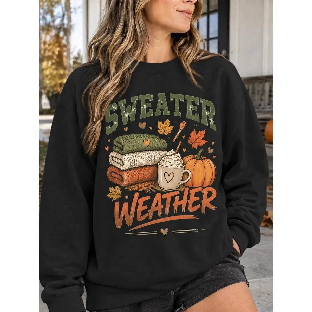 Sweater Weather Sweatshirt Cozy Pumpkin Coffee Fall Autumn Leaves Crewneck Seasonal Graphic Pullover For Women Cute Casual Top Oversized Hoodie