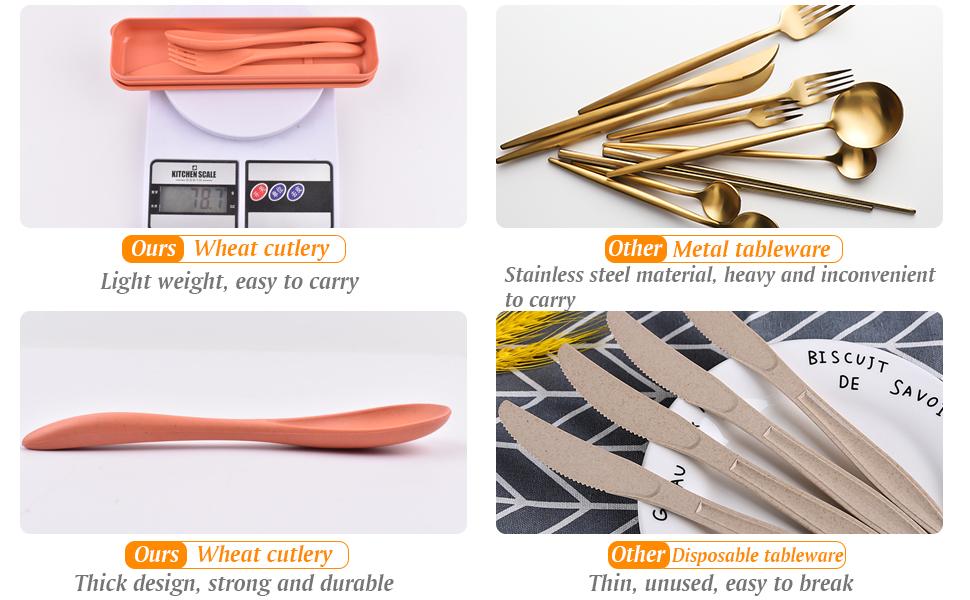 Dine eco-friendly on the go with these 2 reusable utensil sets!Made of durable wheat straw, each portable set includes fork, knife, spoon and a protective case.Compact and lightweight, perfect for school, work, lunch boxes