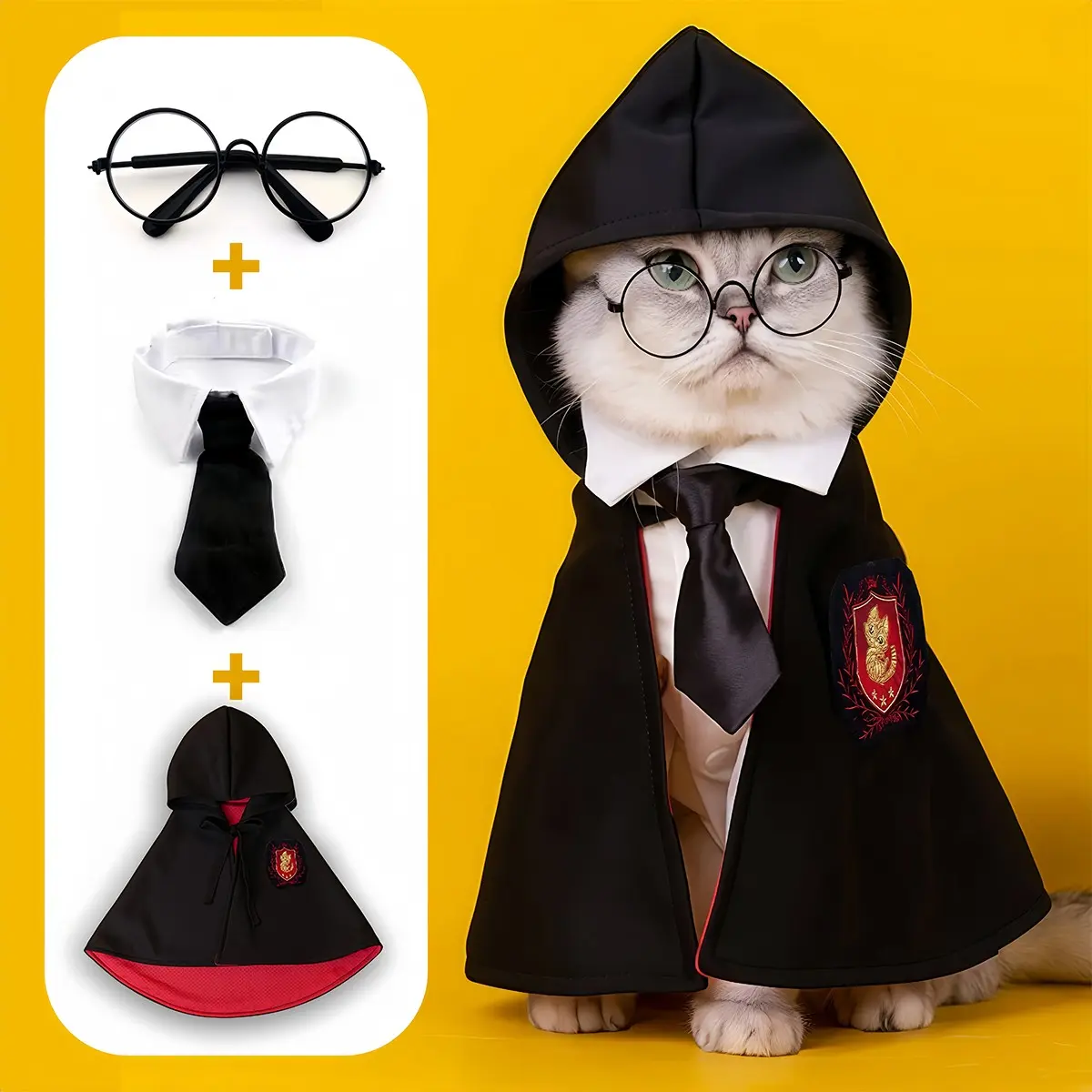 Halloween Pet Costume Set with Shirt Tie and Glasses, Cat Dog Cosplay Magic School Style, Fits Small Dogs Cats, Essential for Pet Photoshoots