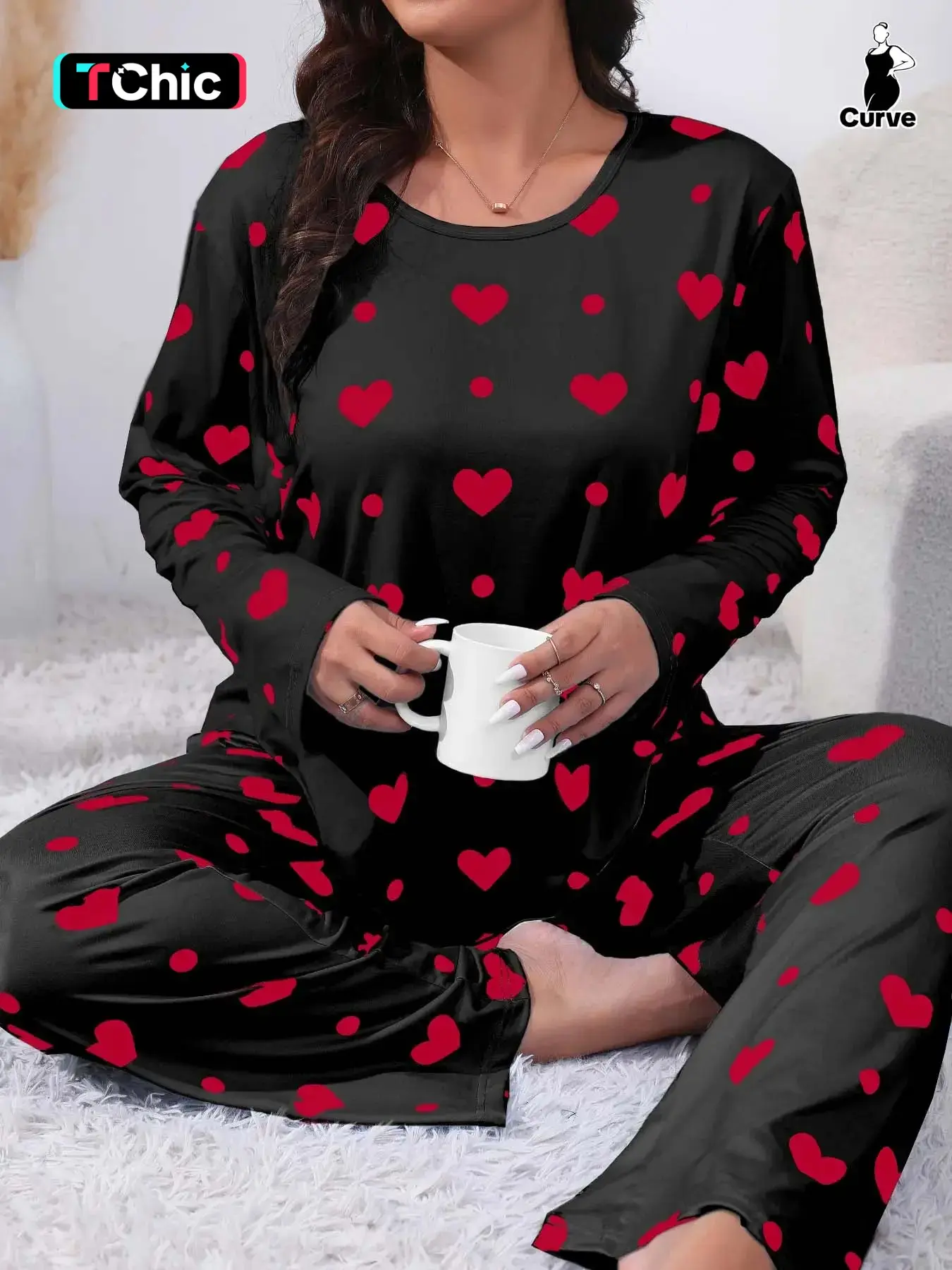 Plus Size Heart Print Drop Shoulder Pyjama Set, Casual Comfy Long Sleeve Round Neck Top & Trousers PJ Set, Pajamas, Nightwear Pajama, Summer Outfits 2024, Women's Sleepwear for Spring & Fall