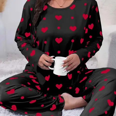 Plus Size Heart Print Drop Shoulder Pyjama Set, Casual Comfy Long Sleeve Round Neck Top & Trousers PJ Set, Pajamas, Nightwear Pajama, Summer Outfits 2024, Women's Sleepwear for Spring & Fall