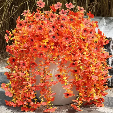 Fall Artificial Flowers for Outdoors Fake Silk Flower, 2Pcs Red Orange Daisy Autumn Decor, Realistic Hanging Decoration Plants, UV & Fading Resistant for Porch Patio Balcony Planter