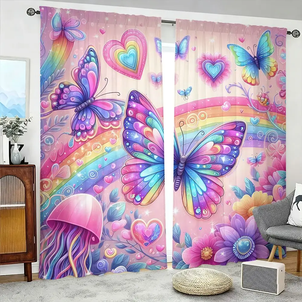 2-Panel Rainbow Butterfly Print Curtains, Vibrant Digital Printed Window Drapes, Soft Breathable Fabric, Fade-Resistant Aesthetic Curtains for Bedroom & Nursery, Rod-Pocket Style, Easy-Care Machine Washable Decor