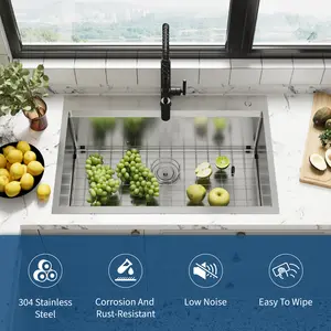 Undermount Stainless Steel Bar Prep Sink 33x19x10 inch Single Bowl Kitchen Sink with Workstation Ledge, Brushed Finish, Includes Bottom Grid and Drain Strainer for Home Bar
