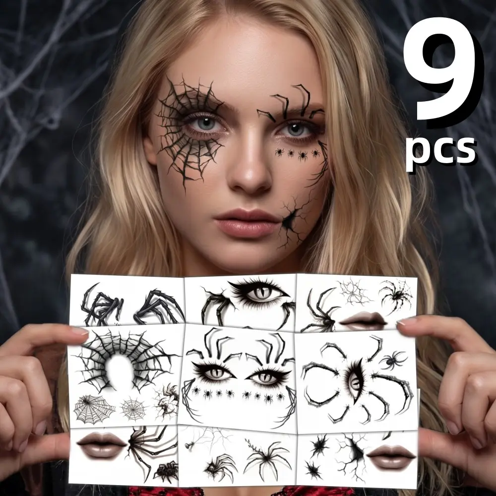 9 Sheets Dark Spider‑Leg Face Temporary Tattoos, Halloween Eye & Mouth Makeup Stickers for Parties, 3D Fake‑Scar Spooky Spider Patterns, Day of the Dead Temporary Tattoo Stickers, Waterproof Sweat‑Resistant Costume Accessories for Men & Women, DIY Prank P