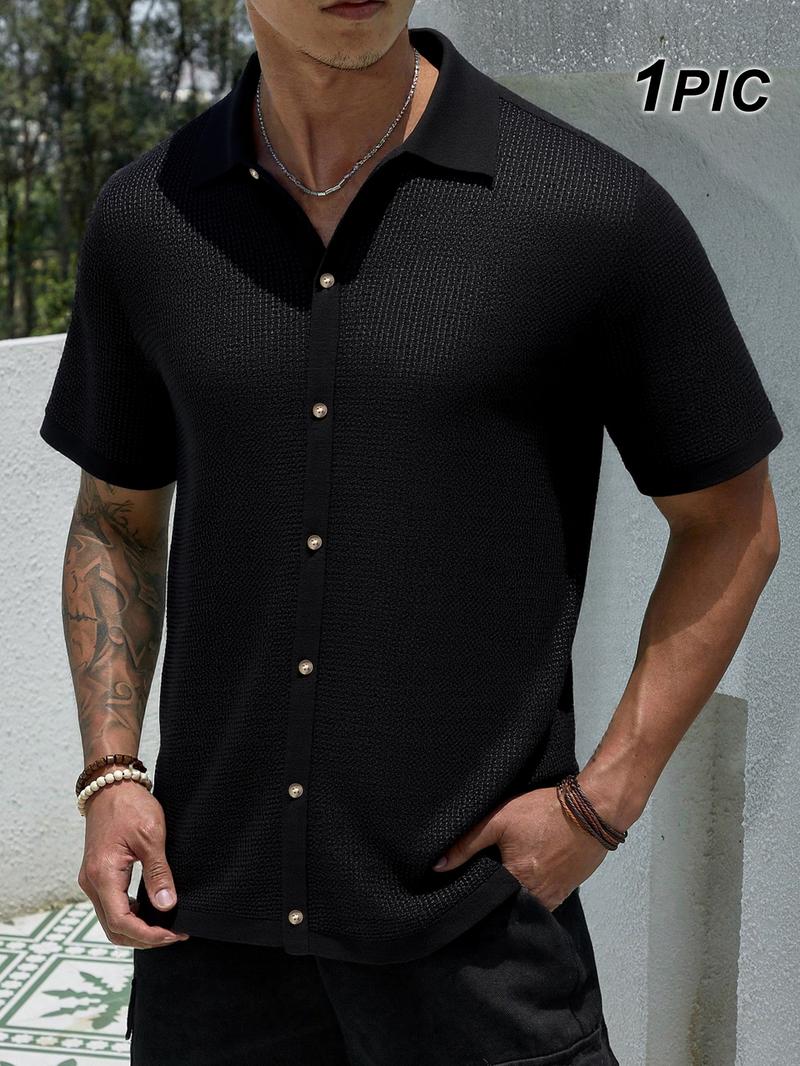 Two-Piece Set Men's Solid Textured Short Sleeve Shirt & Shorts, Regular Fit Casual Comfy Button Down Top & Shorts for Summer, Men's Clothes for Beach Vacation