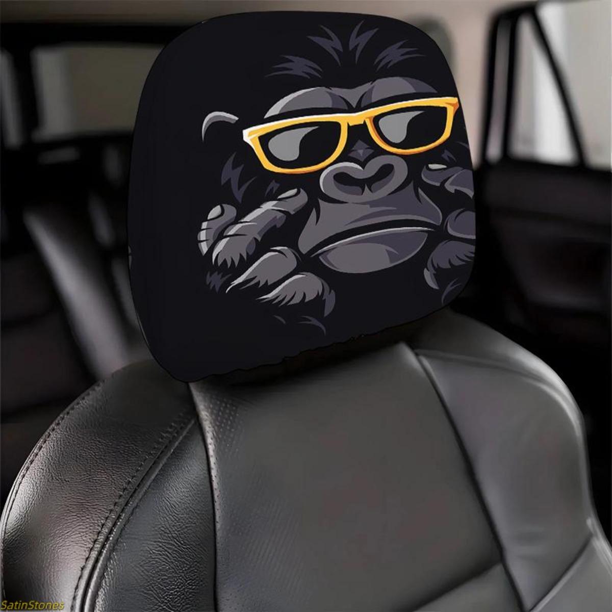 2 Pack Gorilla Headrest Covers with Stylish Eyeglasses, Gorilla and Sunglasses Design, Elastic Car Seat Protector, Truck Seat Cushion Protector, Easy to Install