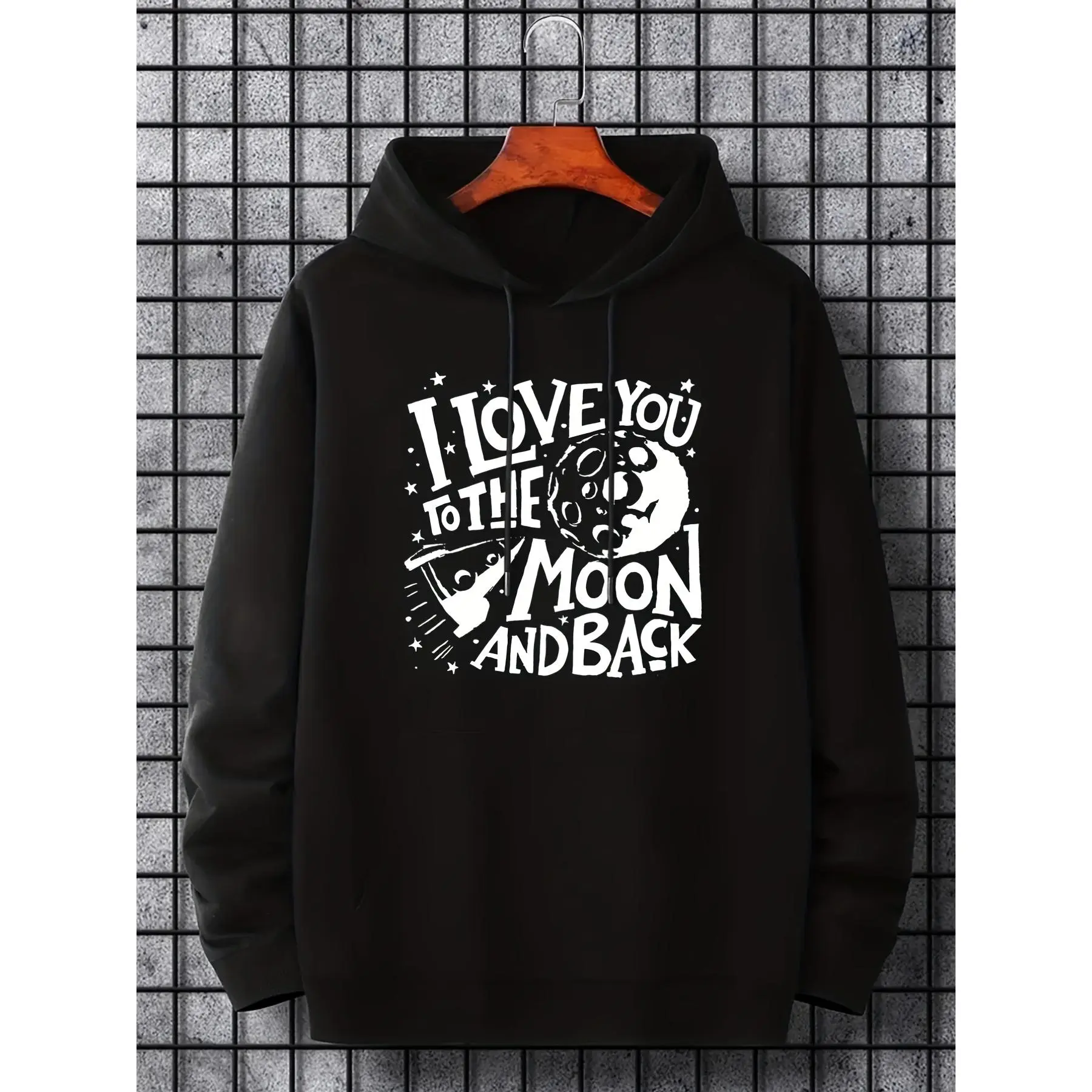 I Love You To The Moon And Back Graphic Hoodie Cute Moon Rocket Star Print Hooded Sweatshirt Sweet Love‑Slogan Casual Pullover Hoodie Unisex Romantic Long‑Sleeve Street‑Wear Outerwear For Couple Gift