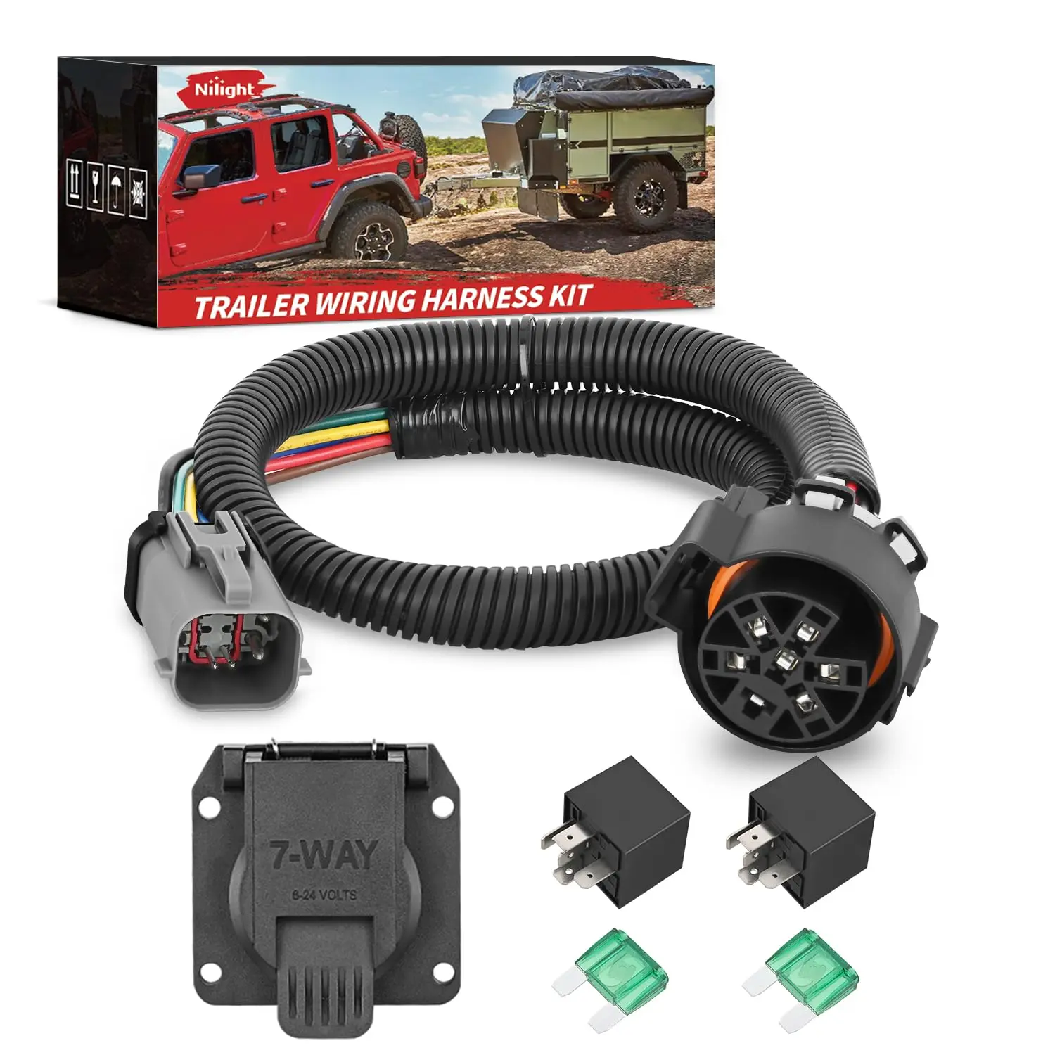 Nilight 55243 Vehicle Side Trailer Wiring Harness Kit - 7-Way RV Blade USCAR Plug for 1999-2001 Ford F250-F550 Super Duty, Black Molded Rubber, Easy to Install, Safety-Focused, Extra 7-Way Socket Tow Hitch Accessory