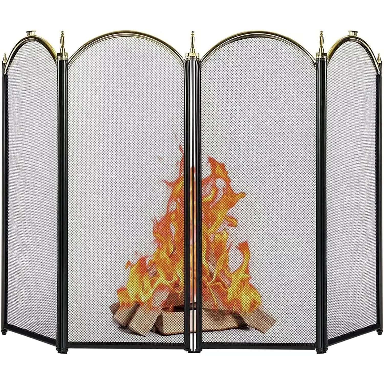 Decorative Gold Fireplace Screen 4 Panel Folding Ornate Wrought Iron Black Metal Fire Place Free Standing Gate Large Mesh Solid Steel Spark Guard Cover Outdoor Accessories