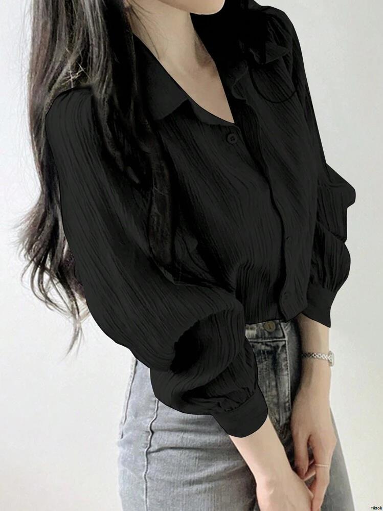 Spring Black JoudiyaWomen sPleatedSolidColorLapelLooseShirt Autumn Spring Black JoudiyaWomen sPleatedSolidColorLapelLooseShirt Autumn
